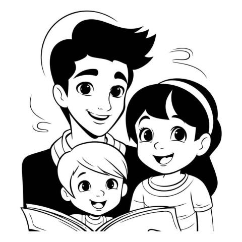 Father and children reading a book. black and white vector illus