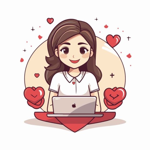 Cute girl with laptop and hearts. Vector illustration in cartoon