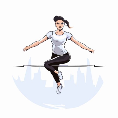 Fitness girl in sportswear jumping on skis. Vector illustration