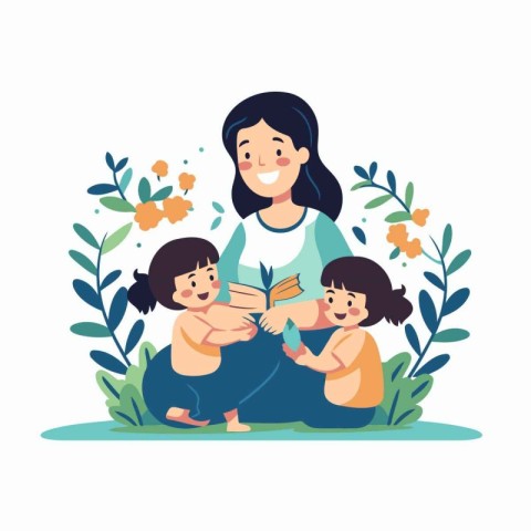 Mother and children reading books together in the garden. Vector