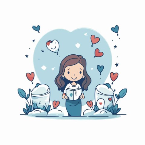 Cute little girl reading a book with hearts around. Vector illus