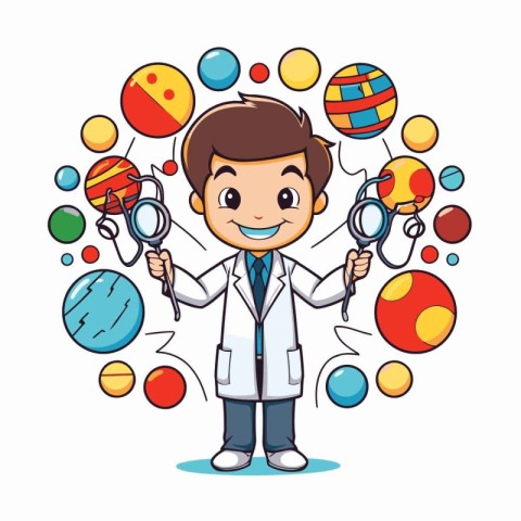 Cartoon scientist with a set of colorful planets. Vector illustr