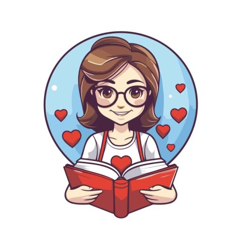 Cute cartoon girl with book in round frame. Vector illustration.