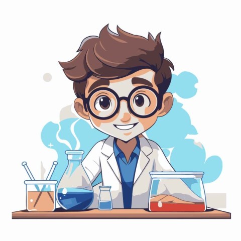 Scientist boy cartoon character with science equipment and tools