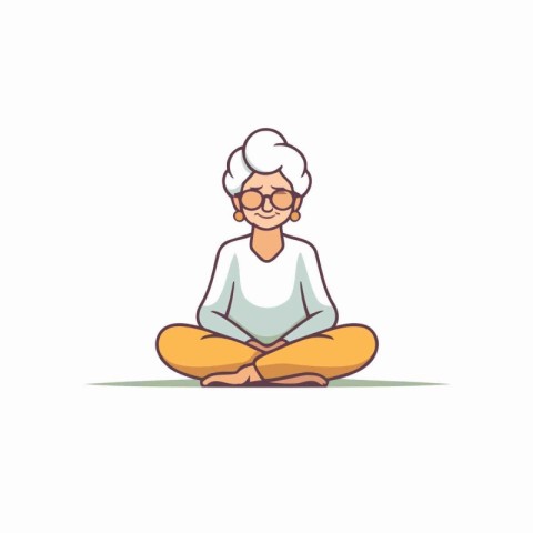 Elderly woman meditating in lotus position. Vector illustration.