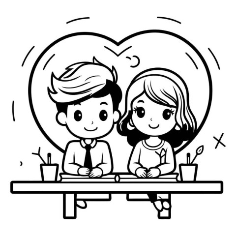 Boy and girl sitting at table in cafe. cartoon vector illustrati