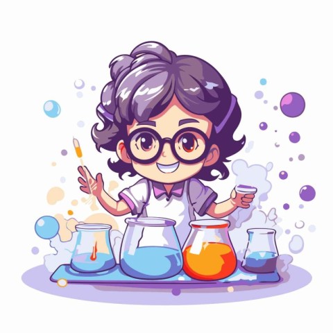 Cute little girl doing science experiments. Vector cartoon chara