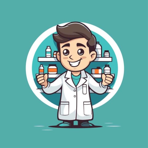 Cartoon pharmacist holding a bottle of medicine. Vector illustra