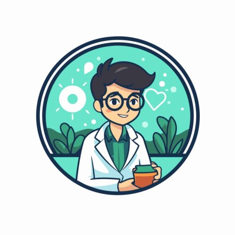 Vector illustration of male scientist holding a cup of coffee in