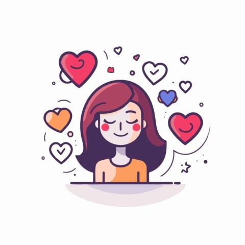 Cute girl with hearts around her. Vector illustration in flat st