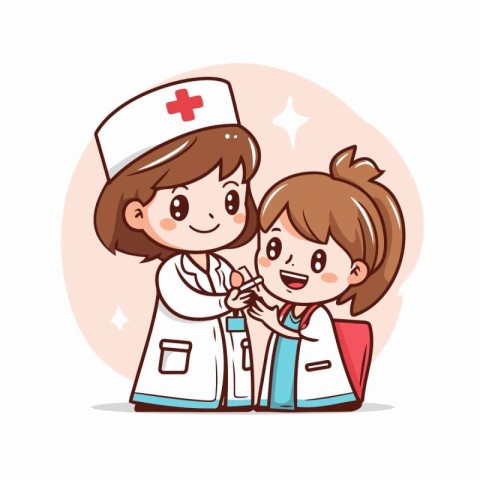 Nurse and little girl in medical uniform. Vector cartoon illustr