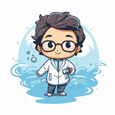 Cute boy in lab coat and glasses cartoon character vector illust