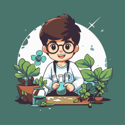 Cute boy scientist cartoon character. Vector illustration in a f