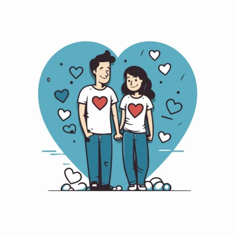 Couple in love with hearts. Vector illustration in line style.