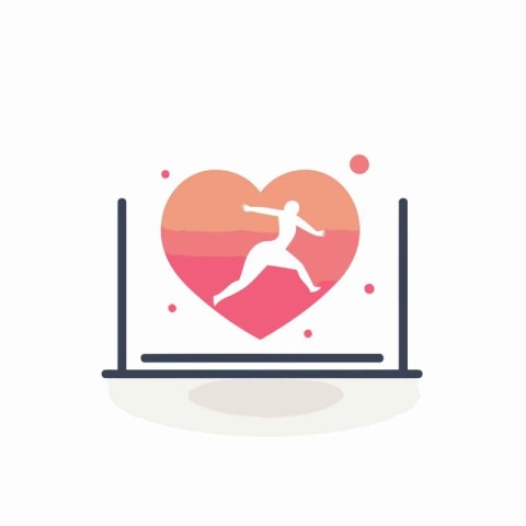 Running man in heart shape on laptop screen. Flat vector illustr