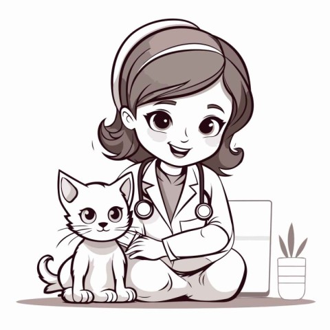 Veterinarian with cat. Vector illustration of a cartoon characte