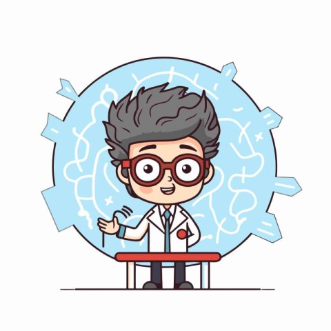 Cartoon scientist in lab coat and glasses. Vector character illu