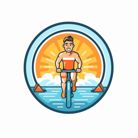 Fitness man riding bicycle on the beach. Vector illustration in