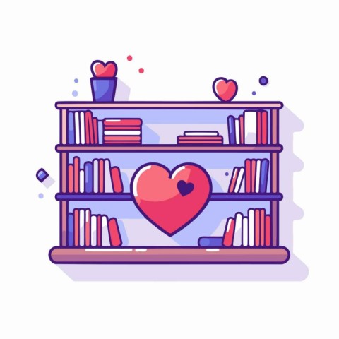 Bookshelf with books and hearts. Vector illustration in flat sty