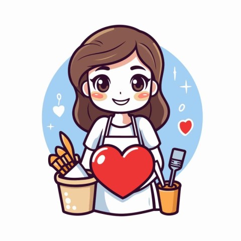 Cute girl with apron holding a heart. Vector illustration.