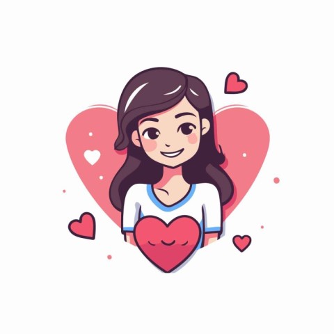 Cute girl with big red heart. Valentine's day vector illustratio