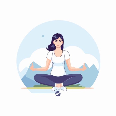 Woman meditating in lotus position. Vector illustration in flat