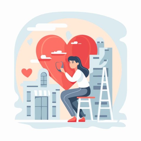 Woman with Stethoscope Sitting on Ladder and Heart Shape Vector