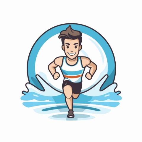 Sport man running in water. Vector illustration in flat cartoon