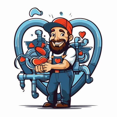 Plumber in love. Vector illustration of a plumber holding a hear