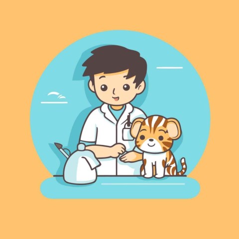 Veterinarian and tiger. Cute cartoon character. Vector illustrat