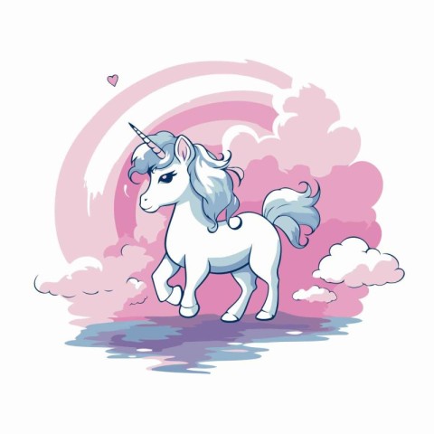 Unicorn on the background of clouds and rainbow. Vector illustra