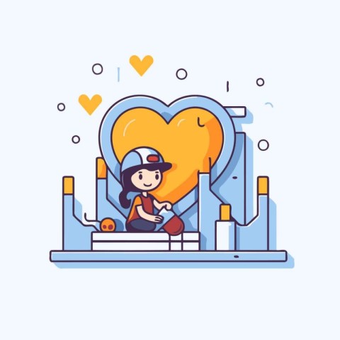 Cute little girl with a heart in the factory. Vector illustratio