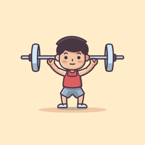 Little boy lifting a barbell. Cute cartoon character. Vector ill