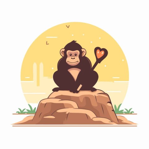 Chimpanzee sitting on a rock with a heart in his hand. Vector il