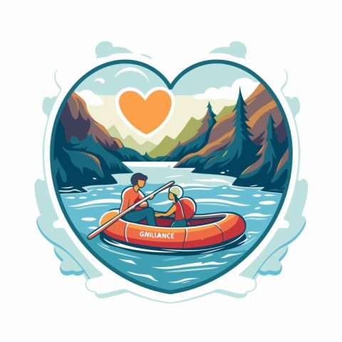 Illustration of a couple in a kayak on a lake with a heart in th