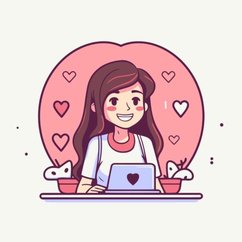 Young woman working on laptop with hearts around her. Vector ill