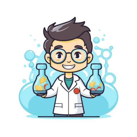 Scientist holding test tubes with chemicals. Vector illustration