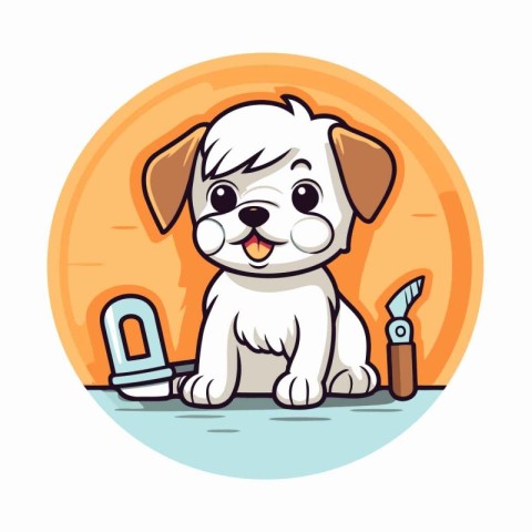 Cute cartoon puppy with a set of tools. Vector illustration.