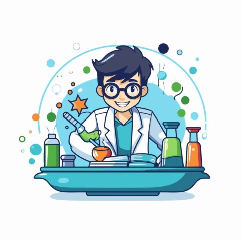 Vector illustration of a boy in a bathrobe and glasses holding a