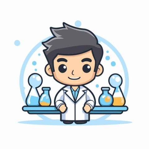 Scientist man in lab coat holding test tubes. Vector illustratio