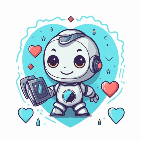 Cute robot holding a camera. Vector illustration. Cartoon style.