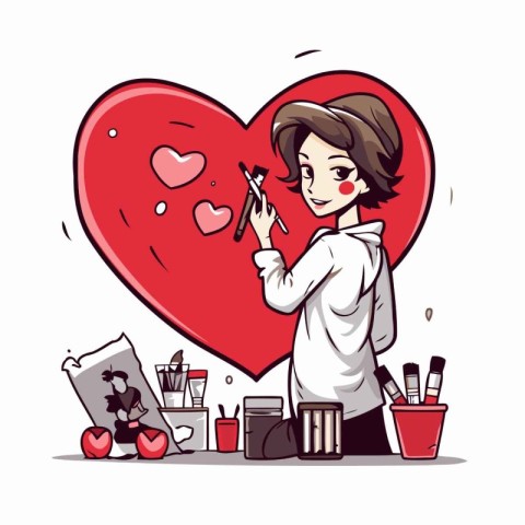 Beautiful girl with a red heart in her hands. Vector illustratio