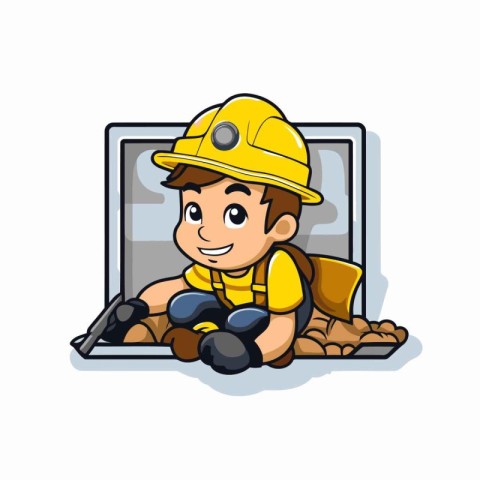 Firefighter cartoon character with safety helmet and drill. vect