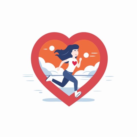 Running girl in the shape of a heart. Flat style vector illustra