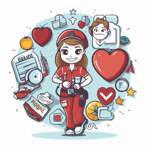 Cute little girl in uniform with a camera. Vector illustration.