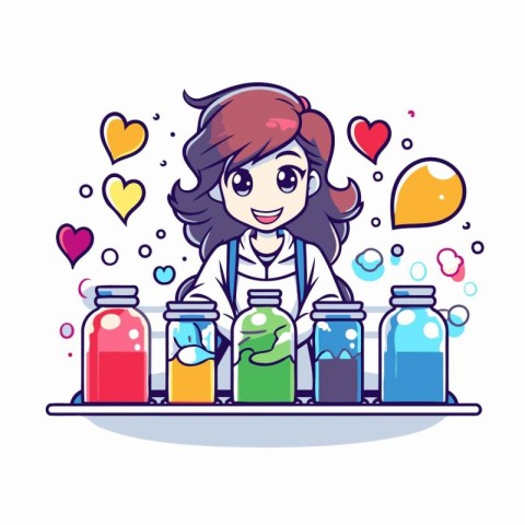 Illustration of a cute girl holding a glass jar full of colorful