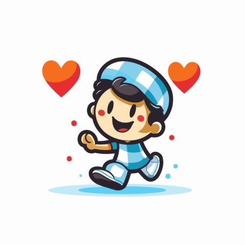 Cute boy running with hearts. Vector illustration in cartoon sty