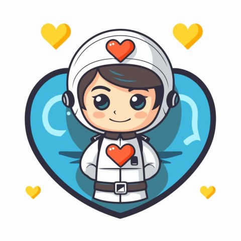 Cute cartoon astronaut boy in heart shape vector illustration. F