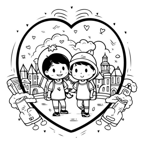 Coloring book for children: boy and girl on the background of th