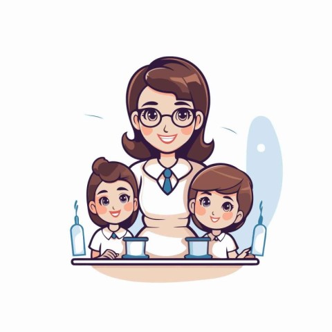 Teacher and students. Vector illustration in a flat cartoon styl